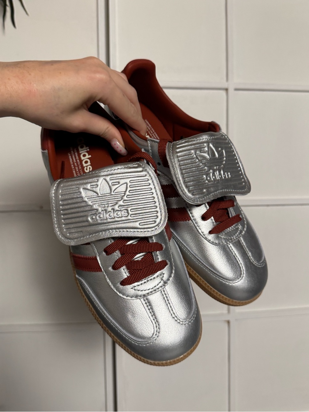 adidas Womens Silver & Red Long Tongue Samba